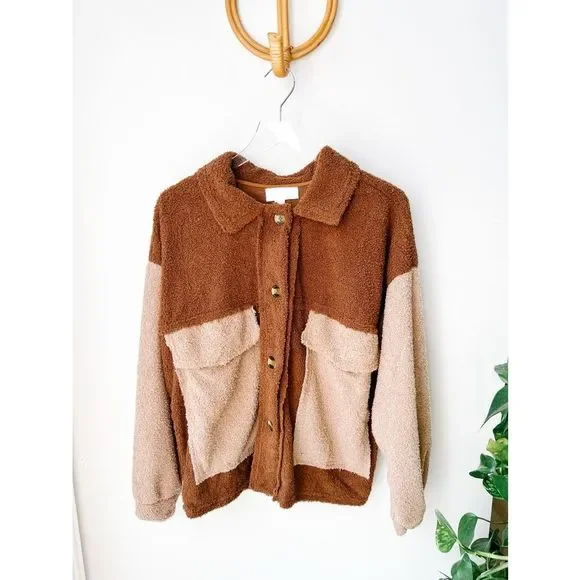 Peach Love Teddy Jacket Color block Chestnut brown taupe small - Picture 6 of 10